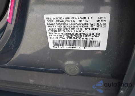 2013 Honda Pilot Touring from USA, damaged, VIN 5FNYF4H98DB064533